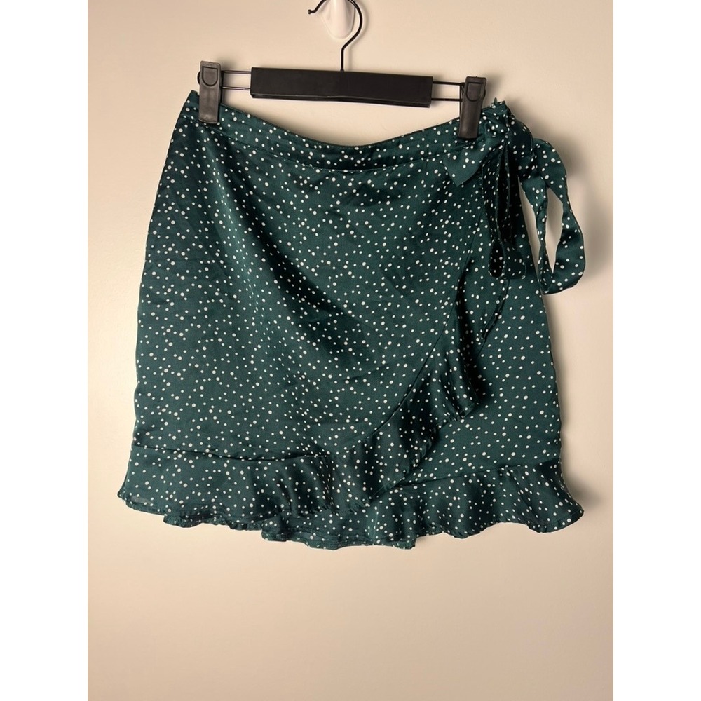 Nasty Gal Wrap Mini Skirt Wm 6 Green Polka Dot Ruffle Satin Side Tie Preppy Chic